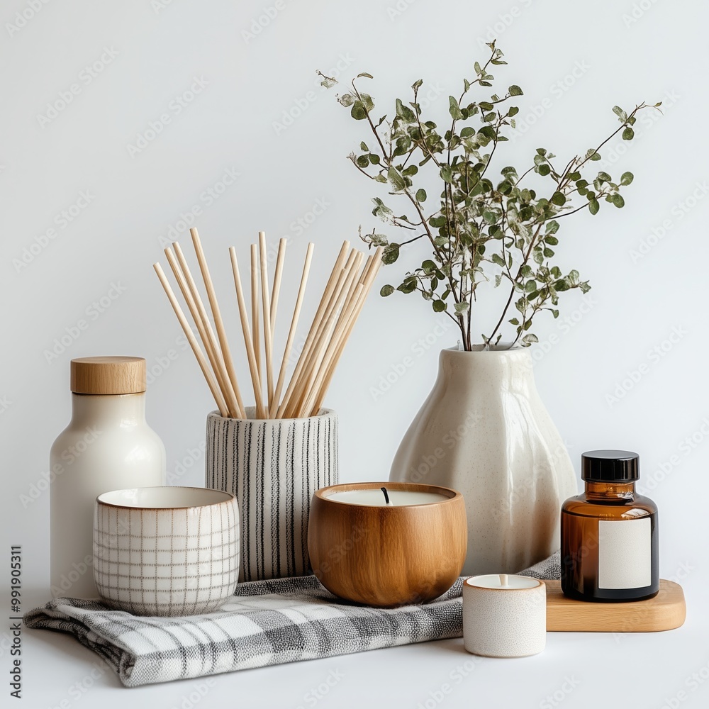 Aesthetic display of candles, reed diffusers, and greenery enhancing a cozy atmosphere Aesthetic display of candles, reed diffusers, and greenery enhancing a cozy atmosphere