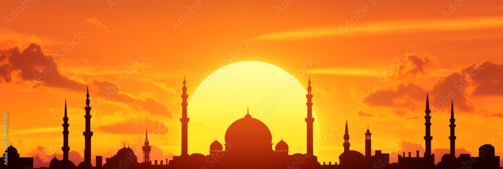 Obraz premium A majestic mosque silhouette stands tall against a vibrant orange sunset, symbolizing faith, peace, and architectural beauty in a Middle Eastern setting.