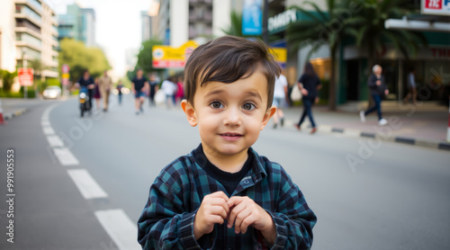 a dark-haired boy of five or six years old in a shirt folded his arms across his chest on a city street