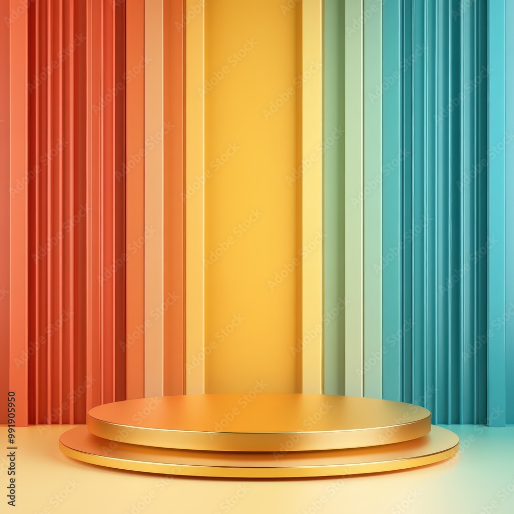Gold Pedestal on Colorful Striped Background. Gold Pedestal on Colorful Striped Background.
