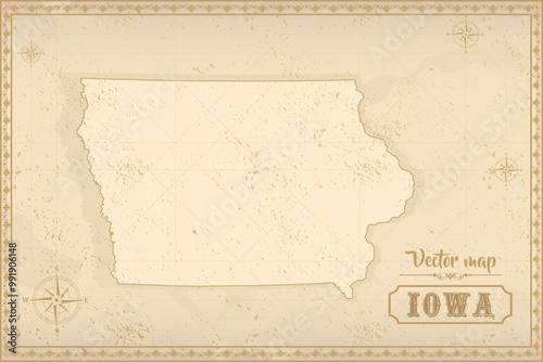Map of Iowa in the old style, brown graphics in retro fantasy style