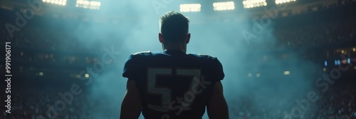 A powerful silhouette of a football player in uniform, standing amidst a smoky stadium, capturing the intensity and excitement of a game day.
