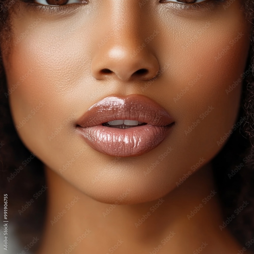 Naklejka premium Close-up of a beautiful Black woman blowing a kiss with flawless skin against a grey background