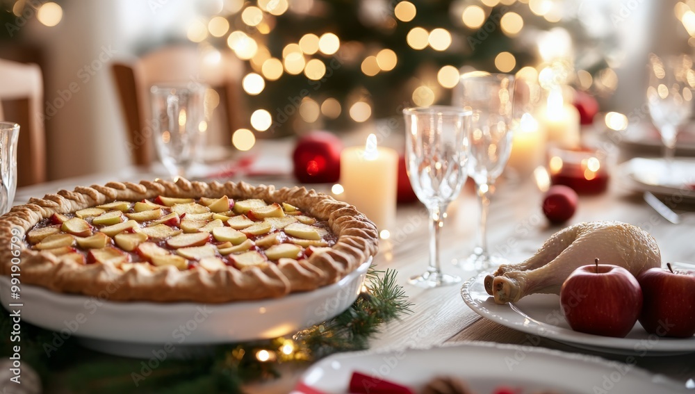 A festive holiday dinner featuring an apple pie and a beautifully decorated table setting A festive holiday dinner featuring an apple pie and a beautifully decorated table setting