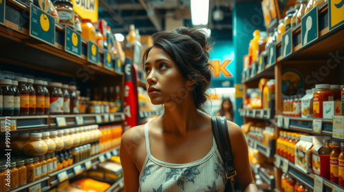 dark-haired young girl with a bag on her shoulder walks around the store between the shopping rows