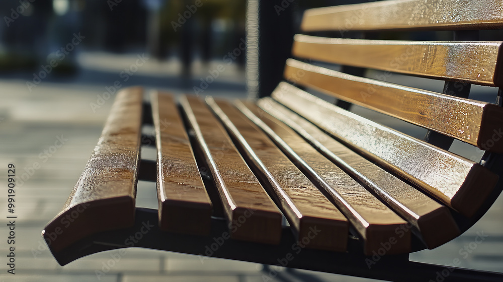 Close-up of a wet wooden bench in an outdoor urban setting. Focus on texture and sunlight reflections. Close-up of a wet wooden bench in an outdoor urban setting. Focus on texture and sunlight reflections.