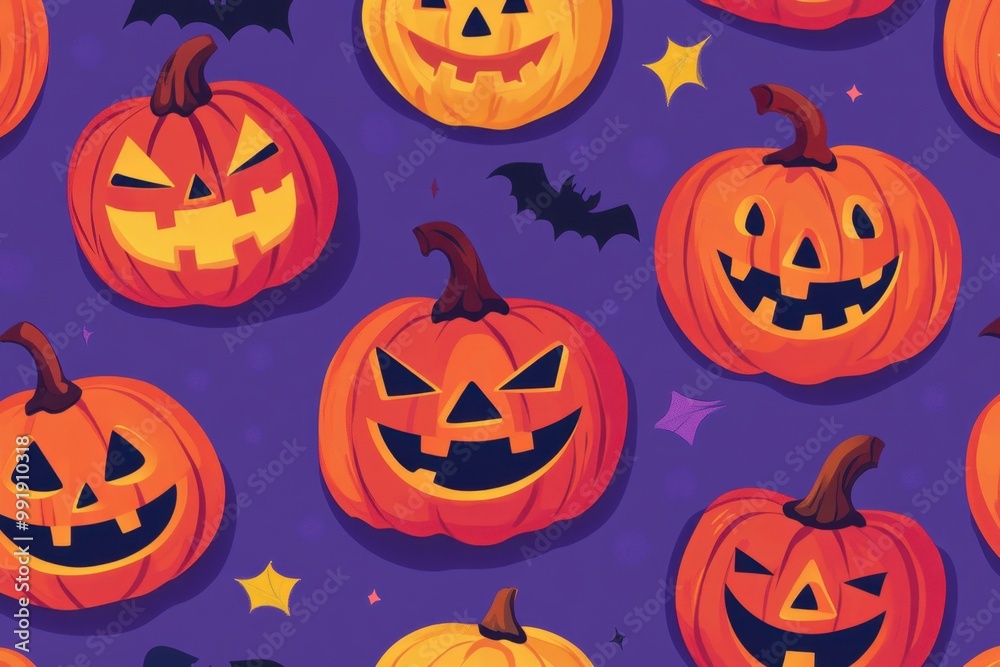 A pattern of colorful pumpkins and carved jack-o'-lanterns on a purple background, in a cartoon style, with a simple flat illustration Generative AI A pattern of colorful pumpkins and carved jack-o'-lanterns on a purple background, in a cartoon style, with a simple flat illustration Generative AI