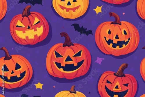 A pattern of colorful pumpkins and carved jack-o'-lanterns on a purple background, in a cartoon style, with a simple flat illustration Generative AI