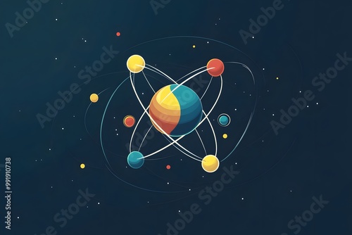 A stylized depiction of a solar system with a central planet orbited by multiple smaller planets