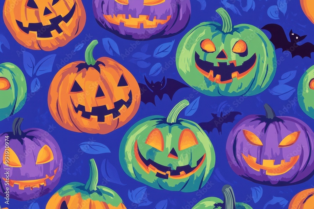 A vibrant pattern of pumpkins and jack-o'-lanterns in bold, contrasting colors like purple and green on an electric blue background, creating a lively Halloween atmosphere Generative AI A vibrant pattern of pumpkins and jack-o'-lanterns in bold, contrasting colors like purple and green on an electric blue background, creating a lively Halloween atmosphere Generative AI