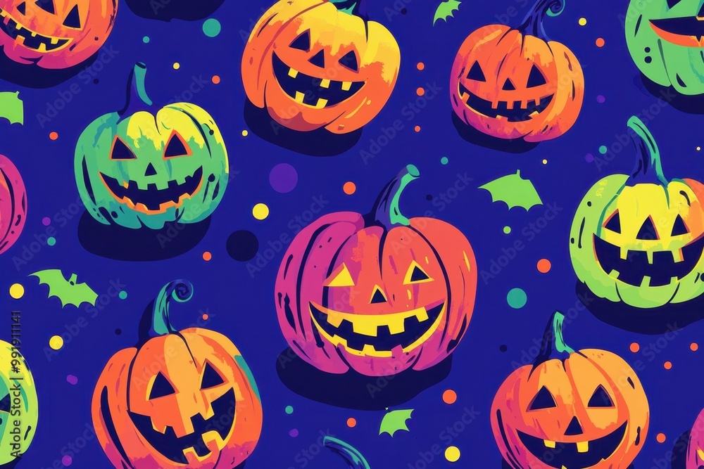 A vibrant pattern of pumpkins and jack-o'-lanterns in bold, contrasting colors like purple and green on an electric blue background, creating a lively Halloween atmosphere Generative AI A vibrant pattern of pumpkins and jack-o'-lanterns in bold, contrasting colors like purple and green on an electric blue background, creating a lively Halloween atmosphere Generative AI