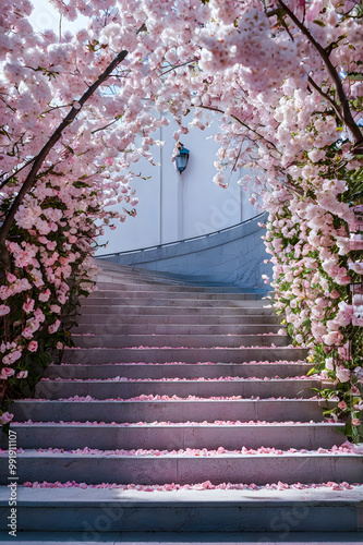 A set of stairs with the beautiful cherry blossom 