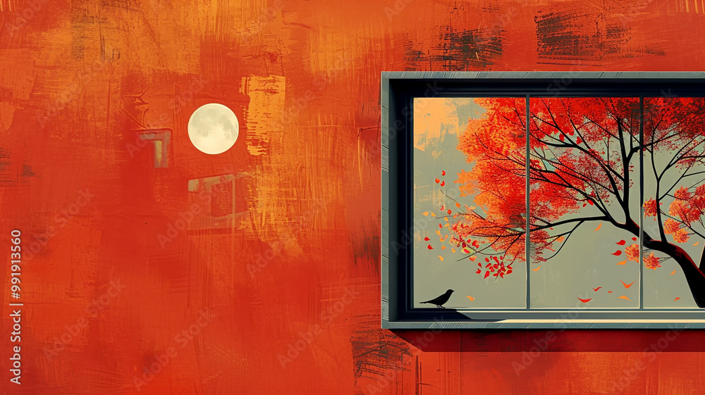 A vibrant sunset framed by a window showcasing autumn foliage and a solitary bird A vibrant sunset framed by a window showcasing autumn foliage and a solitary bird