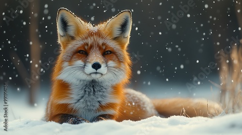 Red fox lying in the snow, looking at the camera, with snow falling around it.