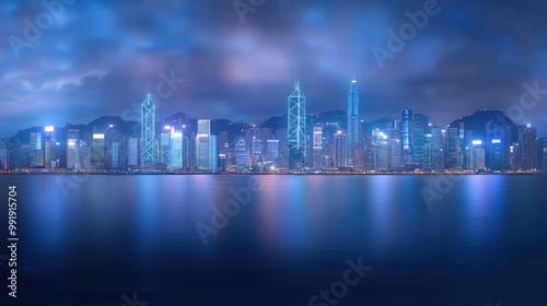 A dark blue skyline illuminated by glowing neon lights reflects on the water, highlighting digital connection lines in a smart urban environment