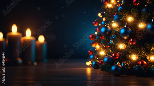 A christmas tree on star with lights in the dark background.