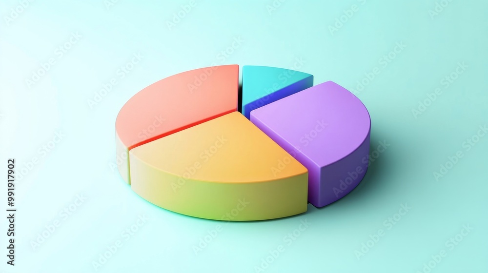 Obraz premium Colorful 3D pie chart illustration on a pastel background showcasing distribution of data segments