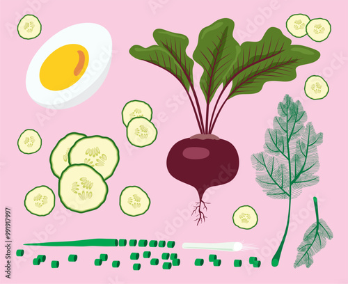 Lithuanian cold beet soup. Pink soup ingredients. Egg, beetroot, cucumber, onion and dill. Isolated on light pink background.