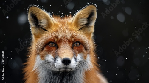 A red fox on a black isolated background . A wild animal isolated on a black background