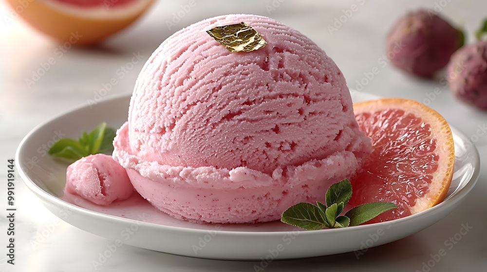 A single scoop of pink grapefruit sorbet topped with edible gold leaf, served on a white plate with a slice of grapefruit and fresh mint leaves. A single scoop of pink grapefruit sorbet topped with edible gold leaf, served on a white plate with a slice of grapefruit and fresh mint leaves.