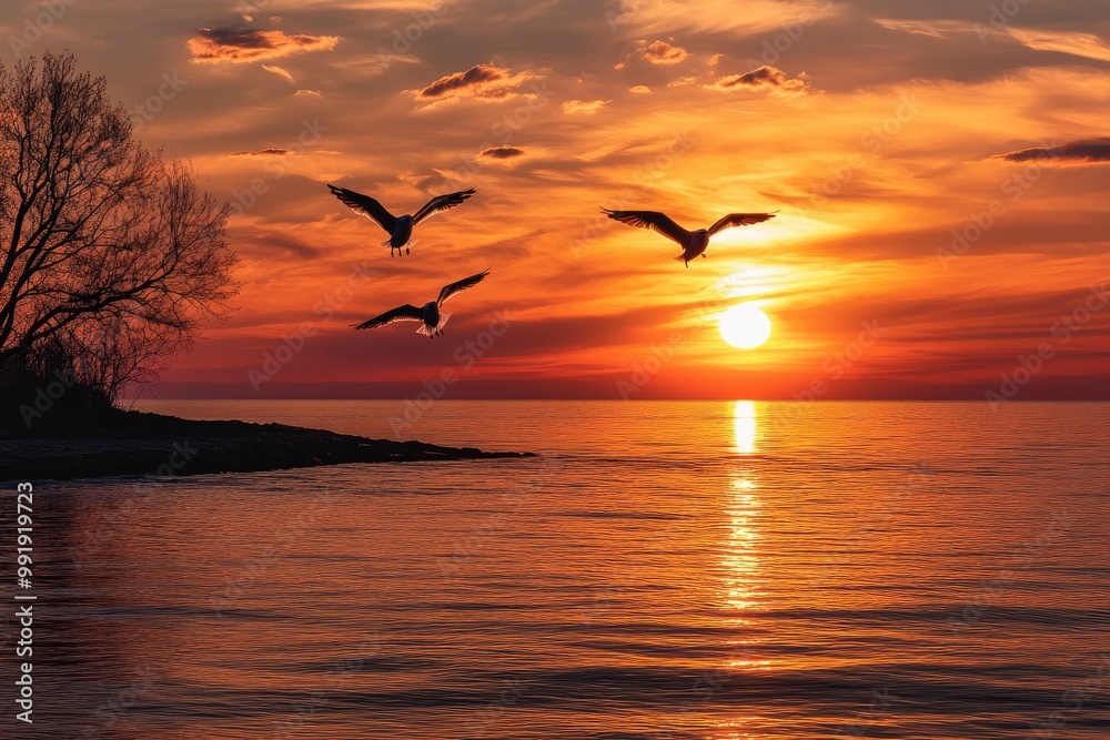 Fototapeta premium The setting sun shines on the sea, and two birds fly in front of it. The sky is a vibrant orange-red with many clouds floating above the water's surface. with generative ai