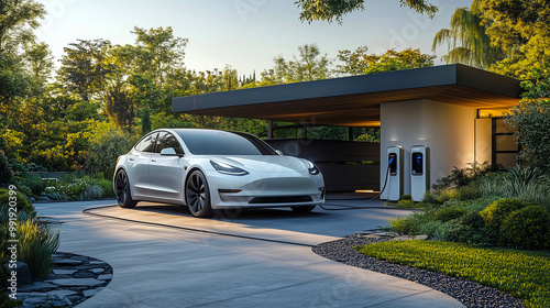 An electric car connected to a home charging station in a sleek residential garage, representing modern and sustainable living