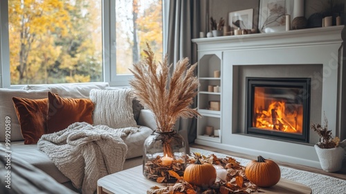 Cozy living room decorated with autumn attributes