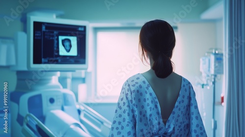 a woman in a hospital gown stands with her back to the frame with a mammography machine in front of her, breast cancer screening