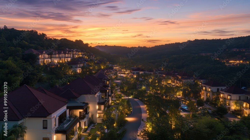 A sweeping twilight view showcasing brightly lit buildings in the front, lush green hills in the background, A sweeping twilight view showcasing brightly lit buildings in the front, lush green hills in the background,