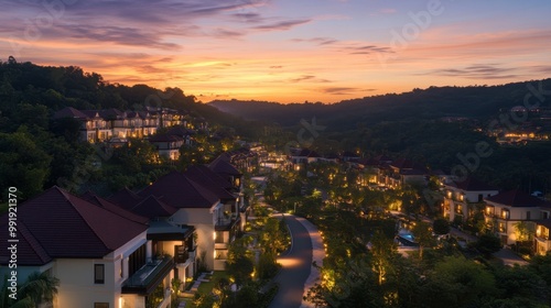 A sweeping twilight view showcasing brightly lit buildings in the front, lush green hills in the background,