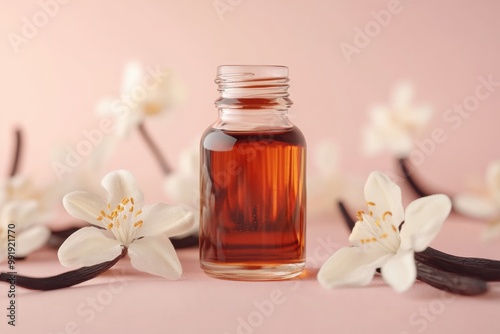 organic vanilla concept banner featuring a bottle of vanilla extract surrounded by vanilla flowers