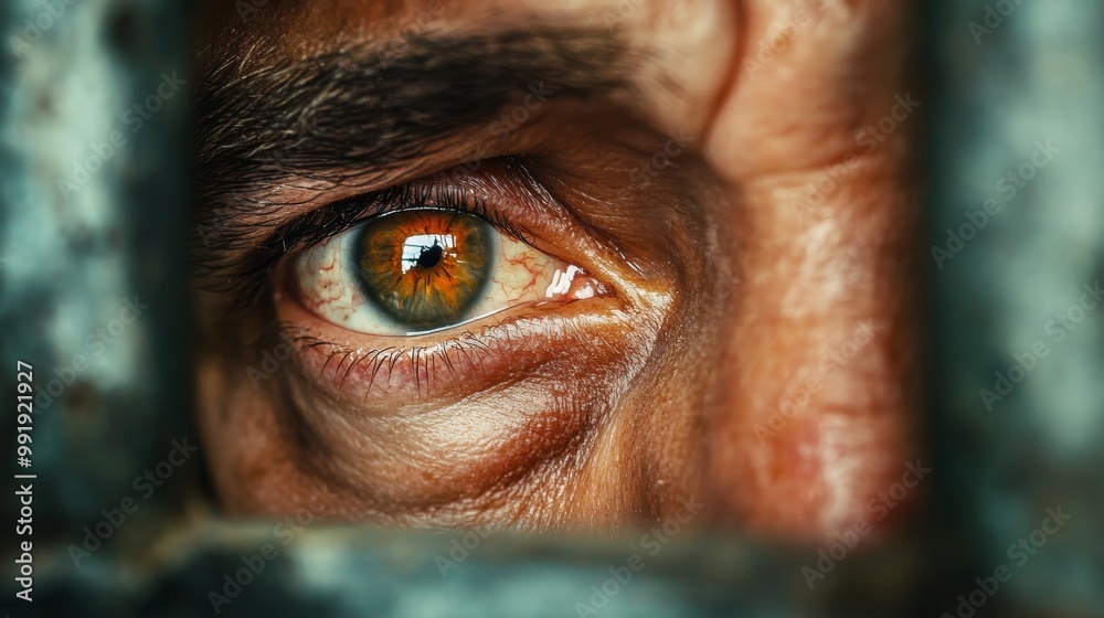 A piercing, watchful eye peering through a narrow gap, capturing raw emotion and a sense of mystery or confinement. A piercing, watchful eye peering through a narrow gap, capturing raw emotion and a sense of mystery or confinement.