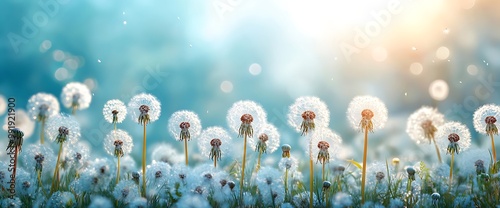 Soft, white dandelion flower heads in a field. photo