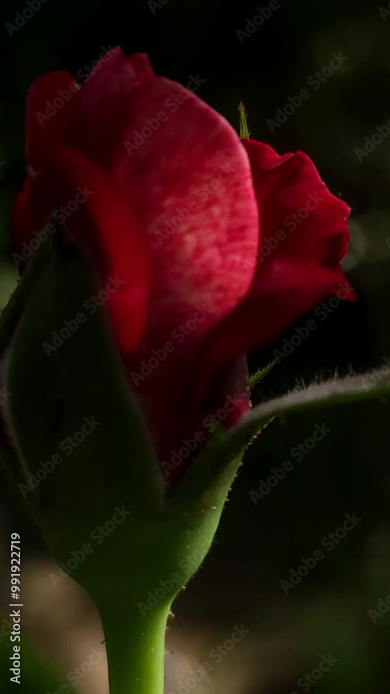 Red roses in garden. Bright red flower bud extreme close classic view. vertical slow motion shot Red roses in garden. Bright red flower bud extreme close classic view. vertical slow motion shot