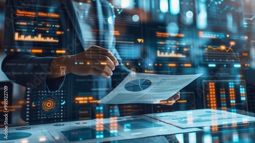 A woman is looking at a computer screen with a piece of paper in his hand