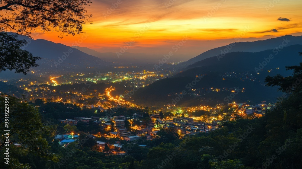 A sweeping view during dusk with bright lights from urban structures in the foreground, verdant hills in the distance, A sweeping view during dusk with bright lights from urban structures in the foreground, verdant hills in the distance,