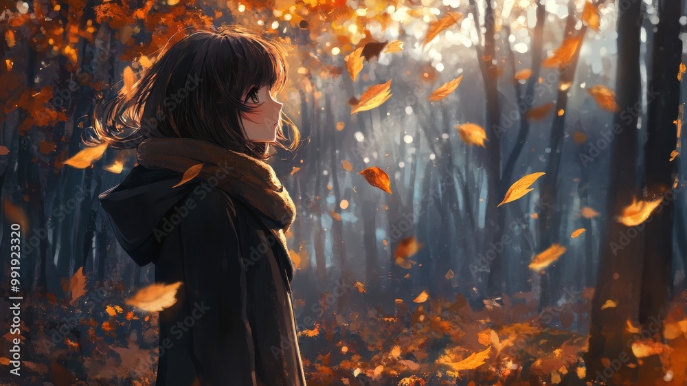 girl in coat standing in autumn forest, she looks at leaves flying around her, anime style girl in coat standing in autumn forest, she looks at leaves flying around her, anime style