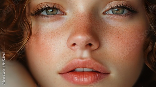 Close-up Portrait of a Woman with Freckles and Green Eyes photo