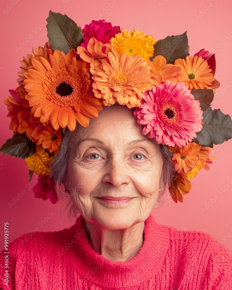 Elderly woman wearing a vibrant flower crown against a soft pink background in studio setting Elderly woman wearing a vibrant flower crown against a soft pink background in studio setting