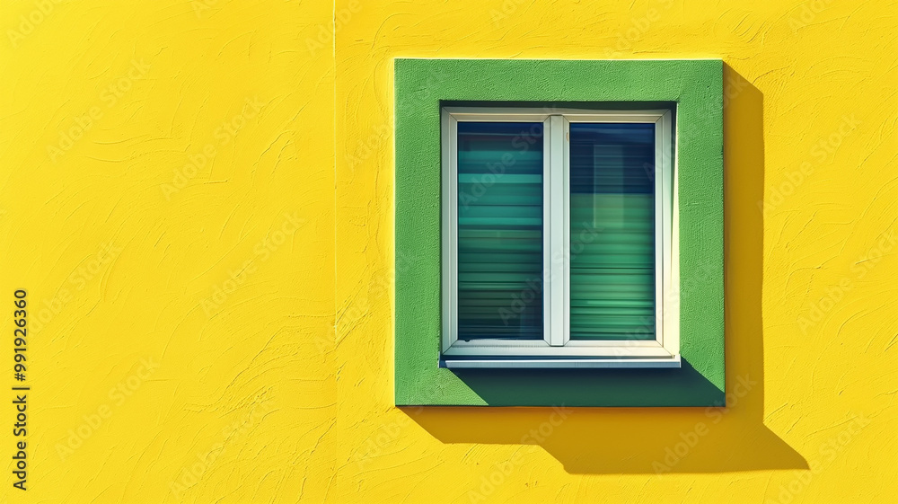 A vibrant green-framed window against a cheerful yellow wall on a sunny day A vibrant green-framed window against a cheerful yellow wall on a sunny day