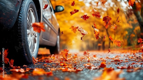 A rear view of a gray car driving on an asphalt road on an autumn day near a park with falling leaves