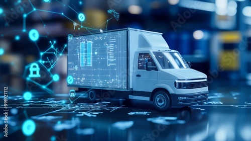 Autonomous minibus delivers parcels to selected cities using smartphone app. Delivery and logistics concept. Electronic delivery management system with innovative route tracking technology to identify