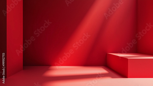 Red Room with Geometric Shadows and Sunlight, Minimalist Interior Design