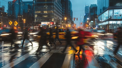 Big City Blurred scene of a big city street. People cross the street on a crosswalk, and traffic lights and cars are generated by artificial intelligence.