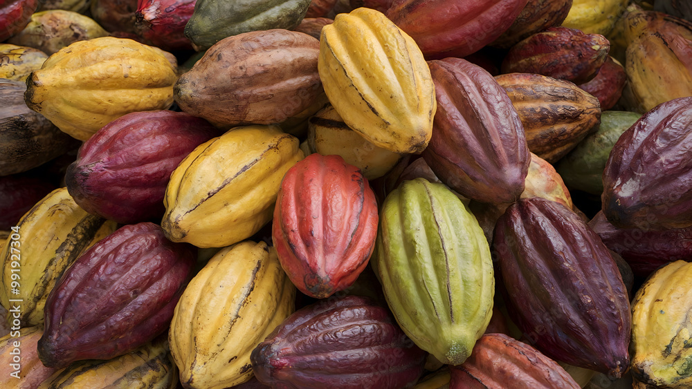 Vibrant Collection of Multicolored Cocoa Pods – Natural Harvest of Cacao Fruits Displaying Varied Hues
