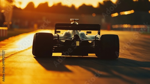 A Formula 1 racing car speeds around the track as the sun sets