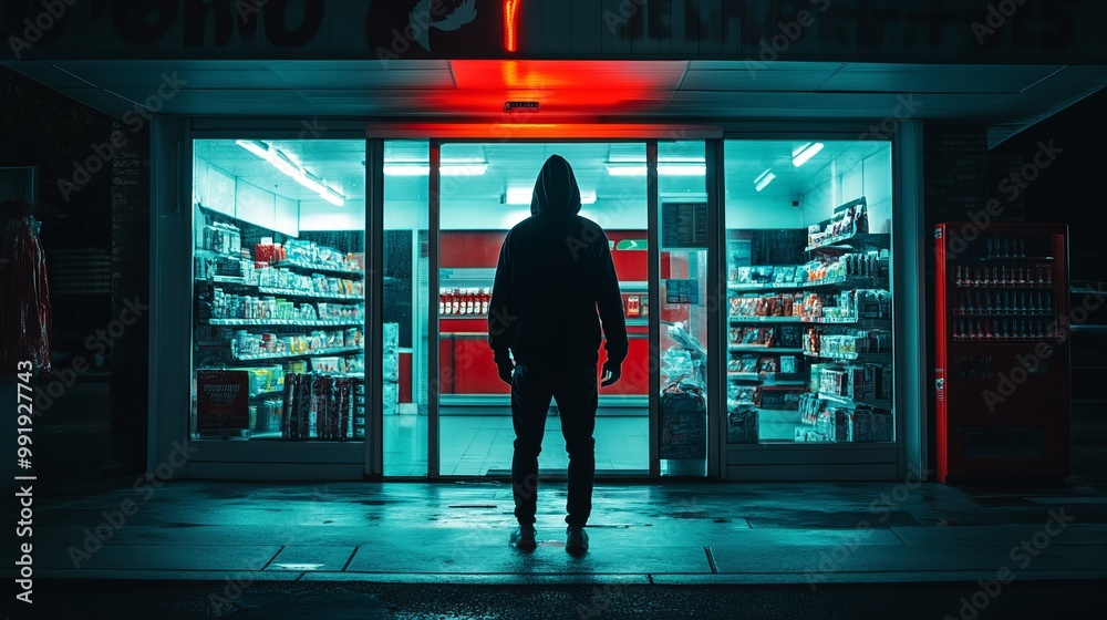 A man in a dark hooded jacket stands in front of a store with green lighting at night. robbery of a store at night