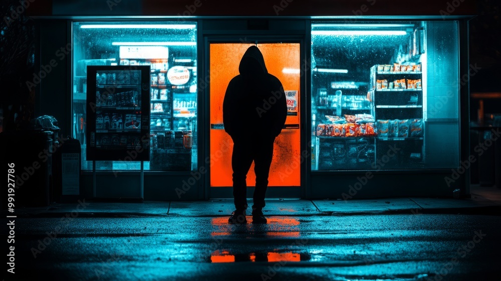 A man in a dark hooded jacket stands in front of a store with green lighting at night. robbery of a store at night