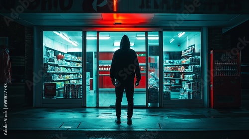 Obraz na płótnie A man in a dark hooded jacket stands in front of a store with green lighting at night. robbery of a store at night w salonie