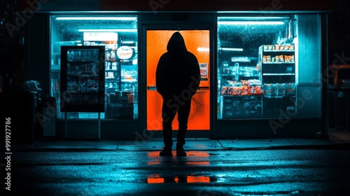 Obraz na płótnie A man in a dark hooded jacket stands in front of a store with green lighting at night. robbery of a store at night w salonie